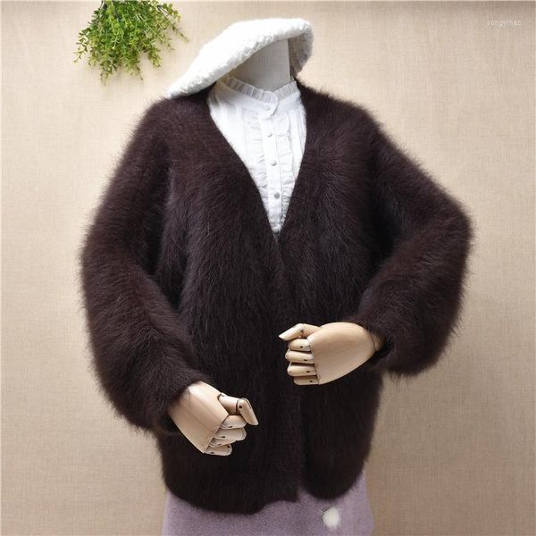 Femmes tricots dames femmes mode chaud vison poilu cachemire tricoté col en v Cardigans laine angora manches longues veste manteau hiver automne