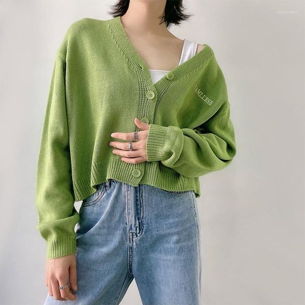 Cardigan tricoté pour femmes avec lettres brodées, col en v, vert uni, manches longues, ample, simple boutonnage, pulls décontractés pour dames