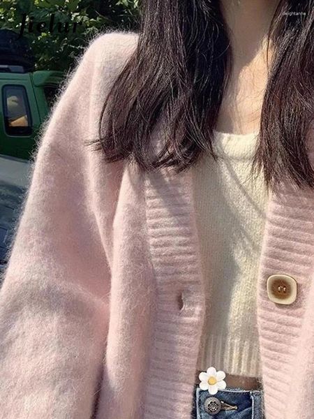 Cardigan en tricot rose clair pour femmes, doux, col en v, décontracté, couleur Pure, ample, simple boutonnage, poches, Chic, mode féminine, Streetwear