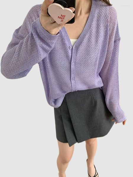 Femmes tricots à manches longues mince évider tricot Cardigan haut 2023 été femme solide col en V Semi transparent pull ample grande taille