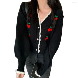 Tricots pour femmes à manches longues col en V femmes pull cardigan simple boutonnage cerise imprimé doux recadrée manteau dames vêtements noir taille unique