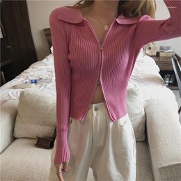 Tricots pour femmes à manches longues femmes décontracté style coréen t-shirt mode cardigan vêtements vintage bureau dame fermetures à glissière col rabattu Ropa Mujer haut