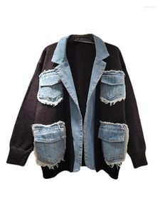 Vrouwen Gebreide Kleding Met Lange Mouwen Koreaanse Chic Jasje 2023 Herfst Denim Patchwork Blazer Mooie Jassen Losse Mode