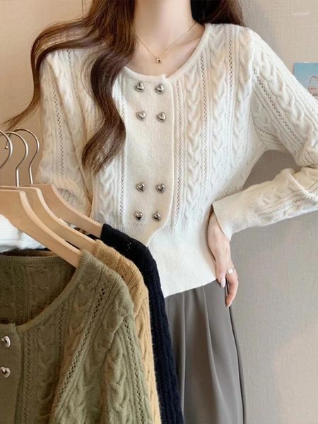 Suéter tejido con botones en forma de amor para mujer, cárdigan Vintage de punto de manga corta con doble botonadura, Top elegante y ajustado para primavera y otoño