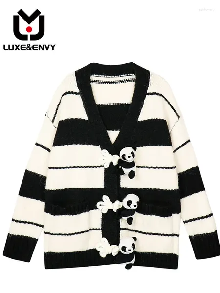 Tricots pour femmes Luxeenvy hiver haut de gamme Mohair paresseux lâche rayé tricoté cardigan bouton panda poupée pull manteau femme 2023 automne