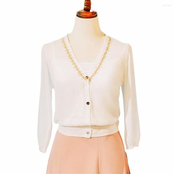Cardigan de luxe en tricot pour femme pour robe d'été manches trois-quarts Pull en tricot à col en V de style coréen coupe UV haut en soie glacée mince