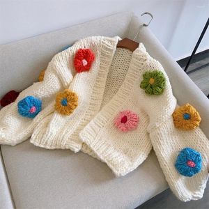 Tricots de luxe pour femmes, pull Floral 3D fait à la main, Cardigan doux, col en V, manches lanternes, tricoté, ample, court, automne hiver