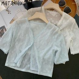 Knits de mujer Matakawa Cardigans cortos V Ruffles de primavera sólida Sweaters delgados Tops