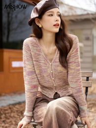 Damesbreien Ontmoeting Mohair wol gestreepte gebreide tops 2024 Autumn Koreaanse slanke v-neck metalen knopen Straatkleding met enkele borsten met een borsten MXC41Z0158