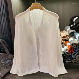 Damesgebreid Miyake geplooid maïskorrelvest 2024 zomerkleding opstaande kraag lange mouwen blouse airconditioning overhemd sjaal