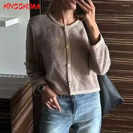 Malhas femininas mnccmoaa 2024 outono moda feminina solta em torno do pescoço botão camisola de malha cardigan feminino cor sólida casual manga longa