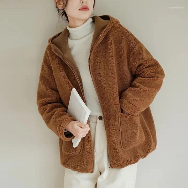 Abrigo de lana de cordero con capucha MODX para mujer, talla grande, piel cálida, forro polar de una bolita, piel de oveja gruesa