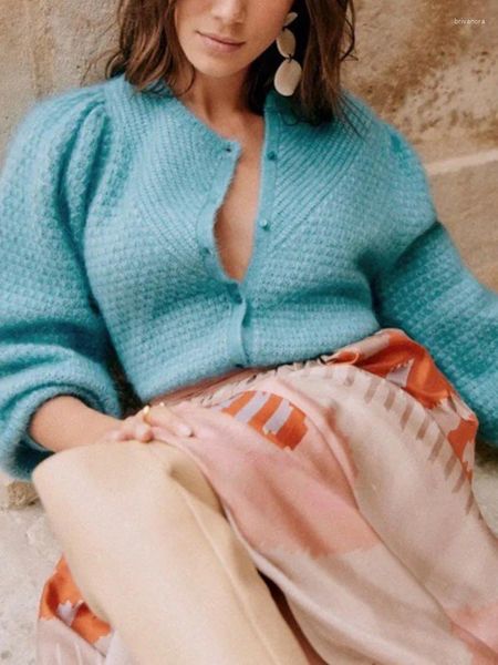 Pull en tricot à manches longues bouffantes pour femme, mélange de Mohair et de laine, Cardigan bleu ou blanc, début d'automne, 2023