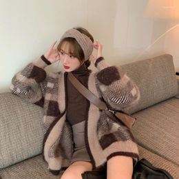 Femmes tricots Mohair rétro Cardigan pull tricoté Plaid surdimensionné automne gros Style coréen Swetry Damskie femmes vêtements DE50KS