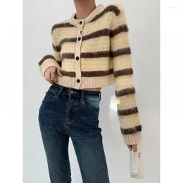Dames breisels mohair gele koffer gestreepte gebreide vesten ronde nek Koreaanse sweater met een enkele borsten short lagen vrouwen lente 2024