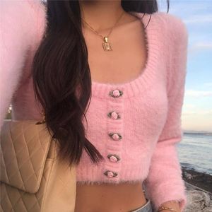 Damesbreien Monmoira Solid Breasted vaste vrouwen gebreide vesten Autumn Furry Cropted Sweaters Ladies Sweet Knitwear CWS0364-5