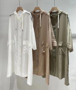 Tricots pour femmes Naizaiga 100 Lcyocell Blanc Vert Camel Lâche À Capuche Manches Trois-Quarts Crème Solaire Coupe-Vent Femmes Cardigans Veste QWX10