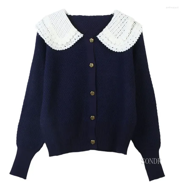Cardigan en tricot bleu marine pour femme, avec Crochet, col à revers blanc, veste pull, mignon, contrasté, tricoté, automne hiver 2024