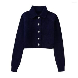 Women's Knits Navy Blue Cropped Cardigan Tops Fall Winter Sweater Gem Bow Buttons Sweaters Dames Vesten Lange mouw gebreide top Vrouw