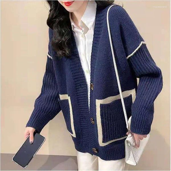 Puntos de mujer Azul marino Japón Casual Cuello en V Bolsillo Moda Simple Punto Mujer Suéter Cardigan Abrigo Otoño Top Chica Ropa de tela Suelta