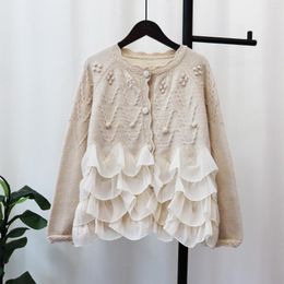Knits de mujer NEPLOE Autumn Coreano O-Neck Flowe Long Sanges Cardigan Mesh Patchwork Sweet Sweater Fashion Top Top