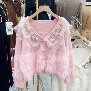 Nomikuma Cardigan tricoté court en faux vison et cachemire pour femme - Chic - Fleurs 3D - Volants - Patchwork - Col en V - Automne hiver