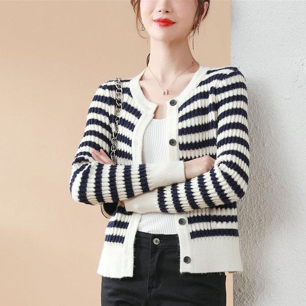 Puntos para mujer Oficina Señora Clásico Rayas Cardigan Suéteres Negro Blanco Azul Marino Prendas de punto Mujeres Cuello redondo Diseño de un solo pecho de punto