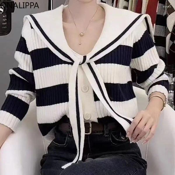 Cárdigan de punto a rayas en contraste con cuello marinero Onalippa para mujer Cárdigans de una sola botonadura suéter recortado con cordones coreanos