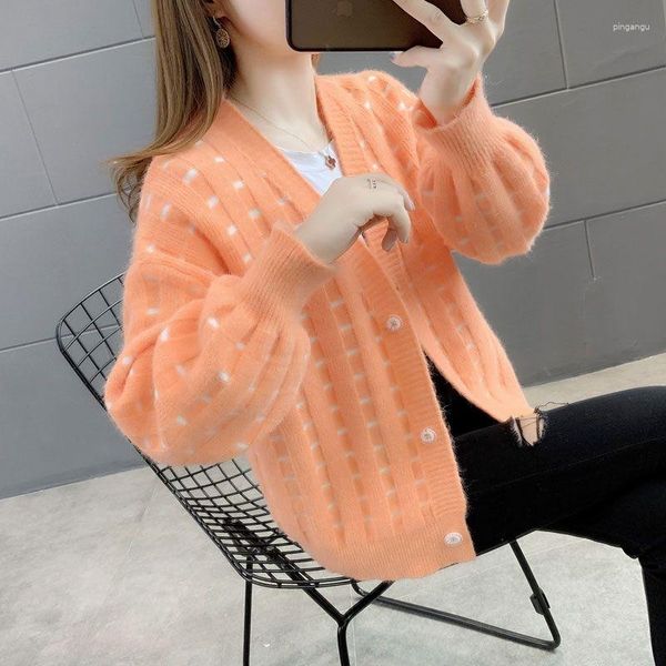 Puntos de mujer Naranja Japón Casual Botón con cuello en V Moda Simple Punto Mujer Suéter Cardigan Abrigo Otoño Top Chica Ropa de tela Suelta