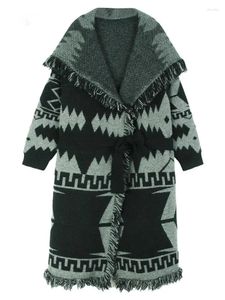 Cardigan Long en tricot pour femmes, motif glands, grande taille, pull à manches col en v, mode printemps automne X693