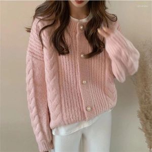 Tricot pour femmes tricots perle crewneck cardigan rose rose doux tricots chauds à manches longues en tricot à manches longues femme coréenne mode automne hiver