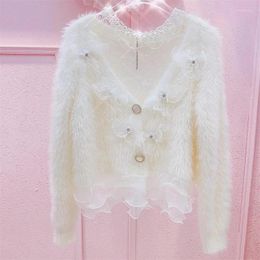 Tricots pour femmes Collier de perles Automne Hiver Mohair Pull Femmes Chaud Tricoté Vison Cachemire Cardigan Chic Pétale Veste Courte À Volants Doux