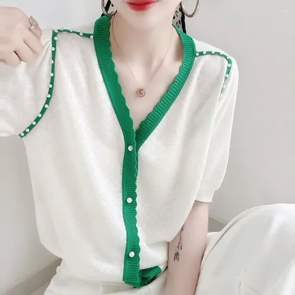Cardigan tricoté à manches courtes et col en V pour femme, hauts d'été, mode coréenne, T-shirt, chemises, motif diamant, bord ondulé