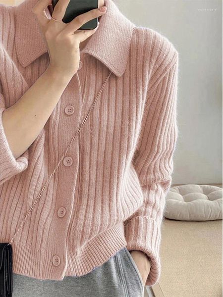 Knits de mujer Sweater Pink Sweater Women Spring Autumn Autumn Turn-Down Cardigans Single Breated Fashion Sweet All-Matched Knitwear