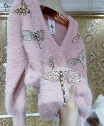 Puntos de mujer Cárdigans de punto de Mohair dulce rosa elegante perla lentejuelas mariposa mujeres suéter de visón cárdigan Otoño Invierno chaqueta de Cachemira H258
