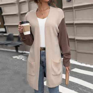 Cardigan tricoté avec poches pour femmes, vêtements d'automne, manteau pull bloc de couleurs européen et américain, 2024