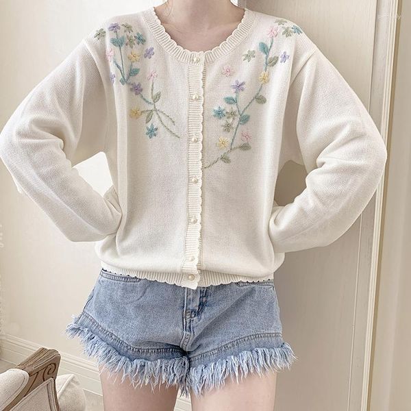 Cárdigan largo de punto dulce elegante blanco con flores de manga de niña de la pradera para mujer suéteres sueltos coloridos para mujer ropa Kawaii