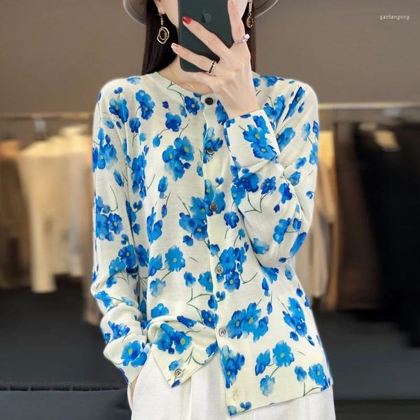 Femme tricots imprimé orchidée col rond solide chemisier japonais printemps/été chair couvrant Style décontracté Cardigan