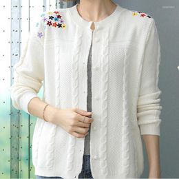 Damesbreien trekken Perle Studenten Cardigan Fashion Yellow Sweater Vrouwen geborduurd gebreide shirt blanc Dentelle White Breien herfst winter