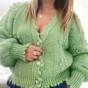 Cardigan tricoté vert pur pour femmes, bouton à pois, Texture creuse, manteau, pull, mode d'hiver, haut pour femme, vêtements