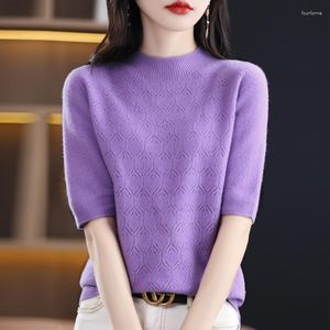 Suéter de punto puro para mujer, medio cuello alto, ahuecado, media manga, suave y delgado, con mangas cortas que tocan fondo Sh