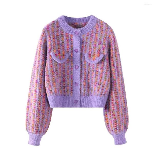 Femmes tricots violet tricoté Cardigan 2023 femmes printemps automne petit parfum manteau coréen simple boutonnage court pull veste femme