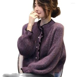 Tricots pour femmes violet brillant tricots femme ample à la mode lanterne manches tricoté pull Cardigan manteau hauts printemps automne veste