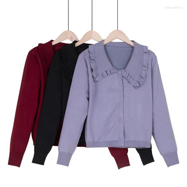 Tricots pour femmes pull violet tricoté Cardigan bouton veste 2023 automne col à volants manches longues pull décontracté hauts pour femmes manteau ample