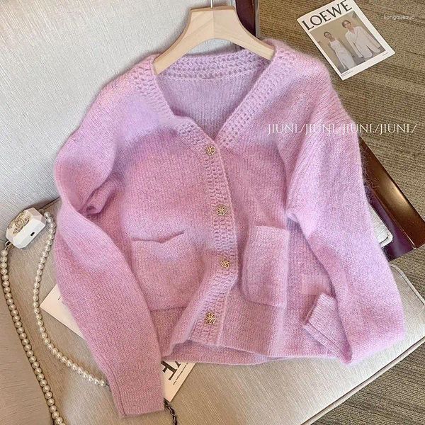 Tricots pour femmes violet laine cachemire Mohair pull français tricot Cardigans doux métal simple boutonnage bouton tricots manteau pull H465