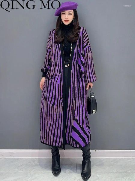 Tricots pour femmes Qing Mo 2024 Automne Hiver Casual Zebra Cardigan Pull Femmes Grande Taille Violet Manteau Tricoté Slim À La Mode ZXF3694