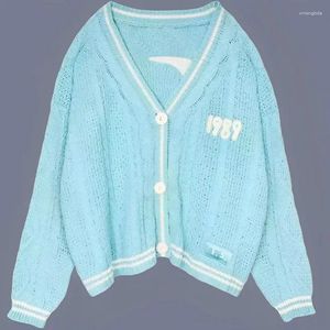QWEEK – Cardigan bleu en tricot pour femmes, pour automne et hiver, broderie d'oiseaux, tricot spécial, Style paresseux, pull Swift Vintage
