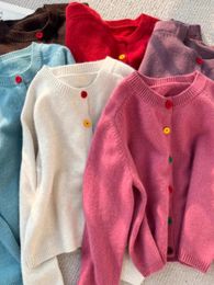 Damesgebreide regenboog trui met enkele rij knopen O-hals gebreid vest Koreaans Zoet Lente Herfst Luie stijl Roze jas met lange mouwen