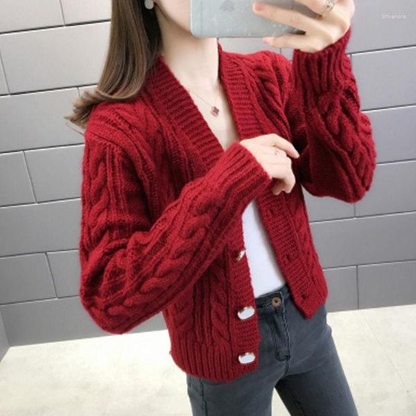 Femmes tricots rouge tricoté couleur unie pull Cardigan dames veste automne hiver bouton mode collège Style col en v décontracté hauts