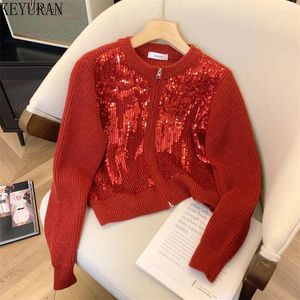 Damesbreien Retro Red Short Soolin Sweater voor vrouwen 2024 Spring Koreaanse mode Slimming round nek lange mouw gebreide vest mujer